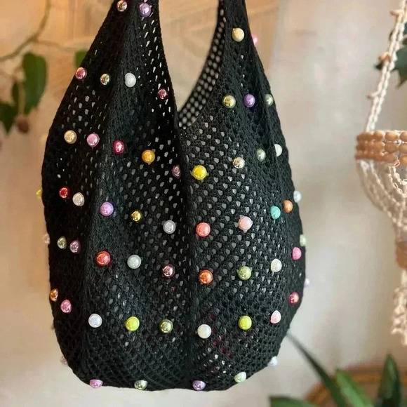 Handbags - Boho Crochet Black Tote Bag with Colorful Beads - 15x12 Handmade Market Bag